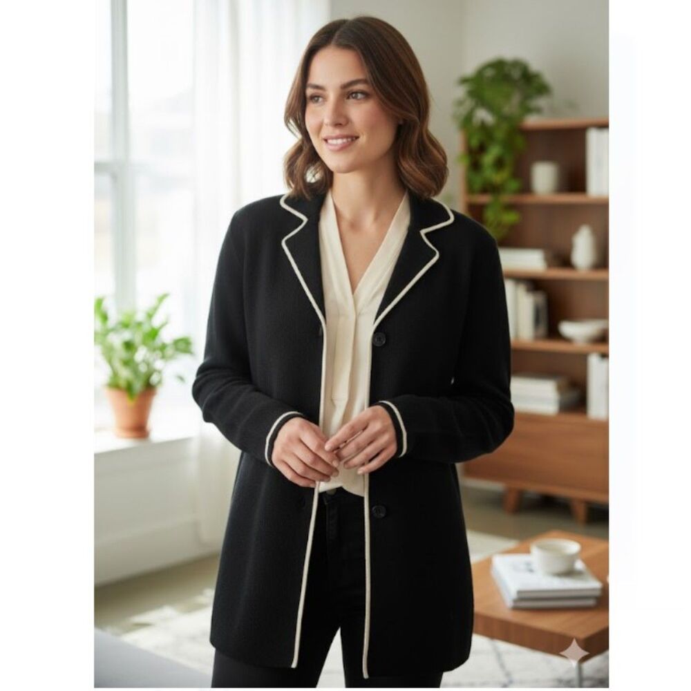 Josephine Chaus Cardigan 100% Wool Black Button Front Sweater Jacket Womens Sz S